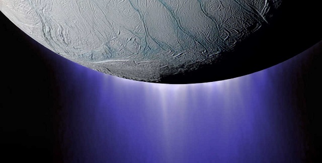 Webb Telescope Finds Towering Plume of Water Escaping from Saturn Moon